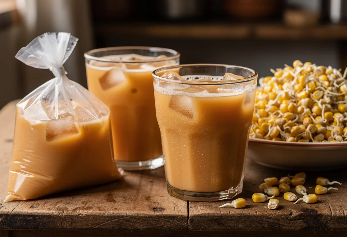 Glasses of cold amber-brown sprouted maize drink with ice, beside sprouted maize kernels