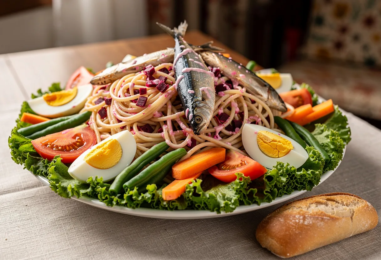 A colourful composed salad of lettuce, spaghetti, beetroot, carrot, green beans, egg and sardines