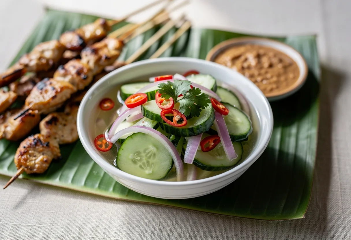 A small bowl of thin cucumber slices, shallot and red chilli in clear sweet-sour syrup