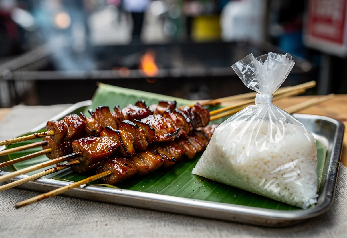 Bamboo skewers of glossy, caramelised grilled pork with charred edges, beside a small bag of sticky rice