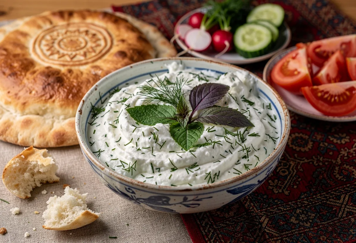A bowl of thick white strained yogurt flecked with green dill, mint and basil, with torn round flatbread