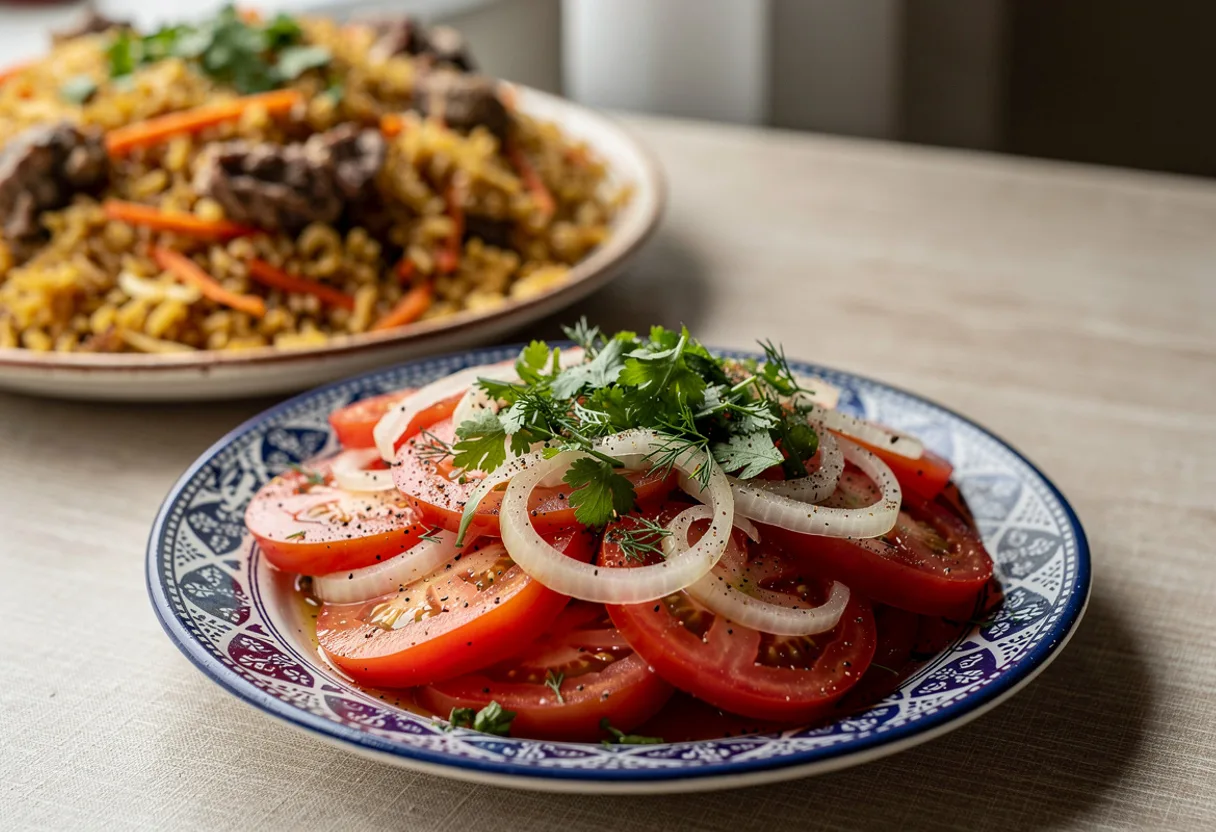 A plate of sliced ripe tomatoes with paper-thin onion rings, black pepper and chopped herbs beside a platter of plov