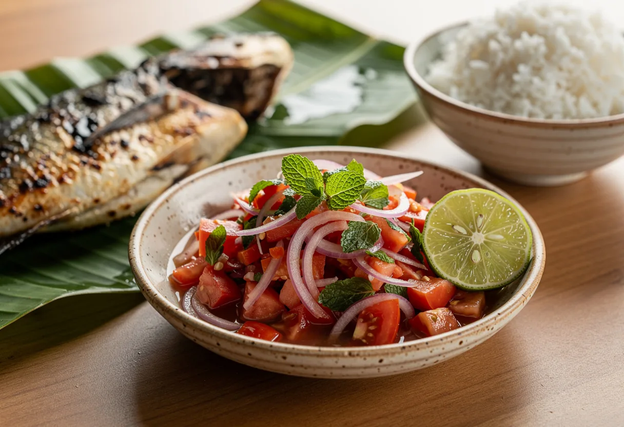 A small bowl of chopped red tomato, red onion and fresh mint leaves glistening with lime juice, beside grilled fish