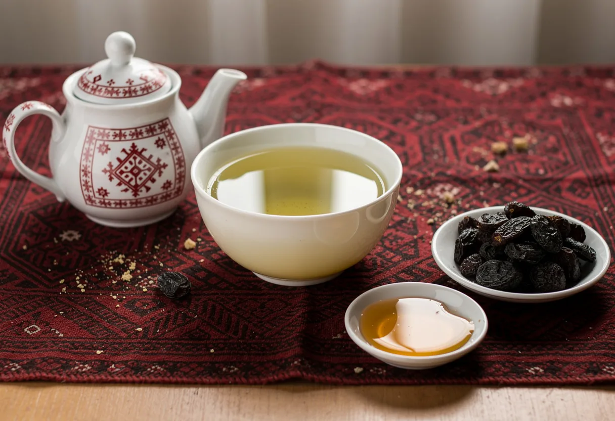A small porcelain teapot and a wide bowl of pale green tea, with raisins and honey