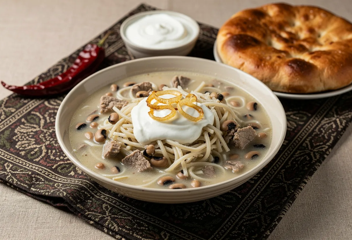 A bowl of creamy, pale bean and noodle soup with lamb and a swirl of yogurt, a red chili on the side