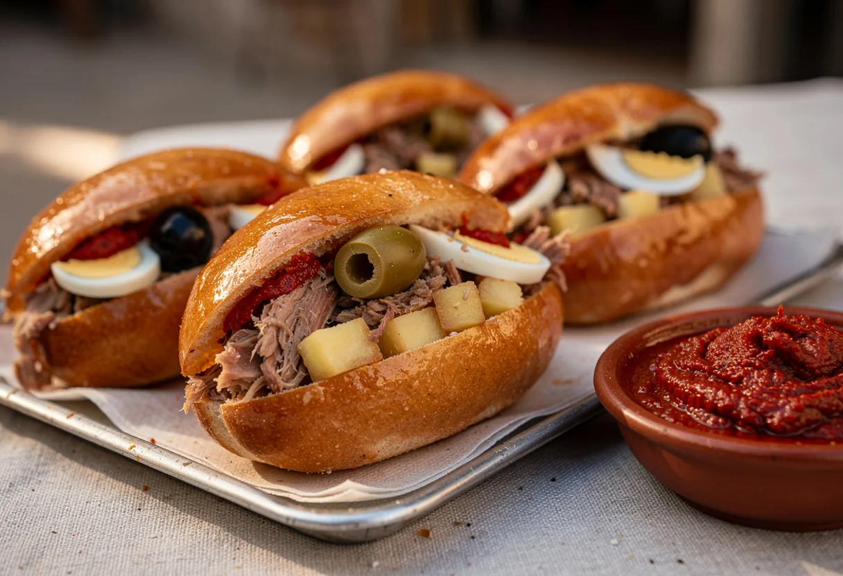 Small golden fried rolls split open and stuffed with tuna, potato, egg, olives and harissa
