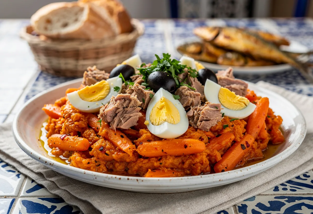 Coarsely crushed orange carrot salad topped with tuna, egg quarters and black olives