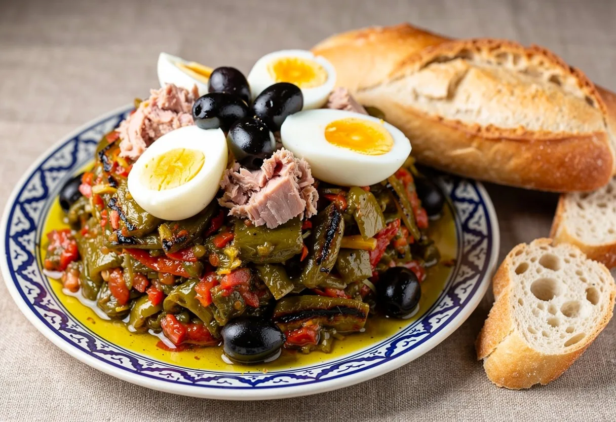 Plate of smoky chopped grilled pepper and tomato salad topped with tuna, quartered eggs and black olives