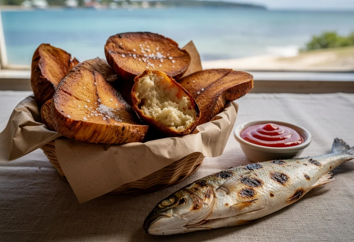 Thick golden fried breadfruit chips sprinkled with salt in a paper-lined basket with a pot of ketchup