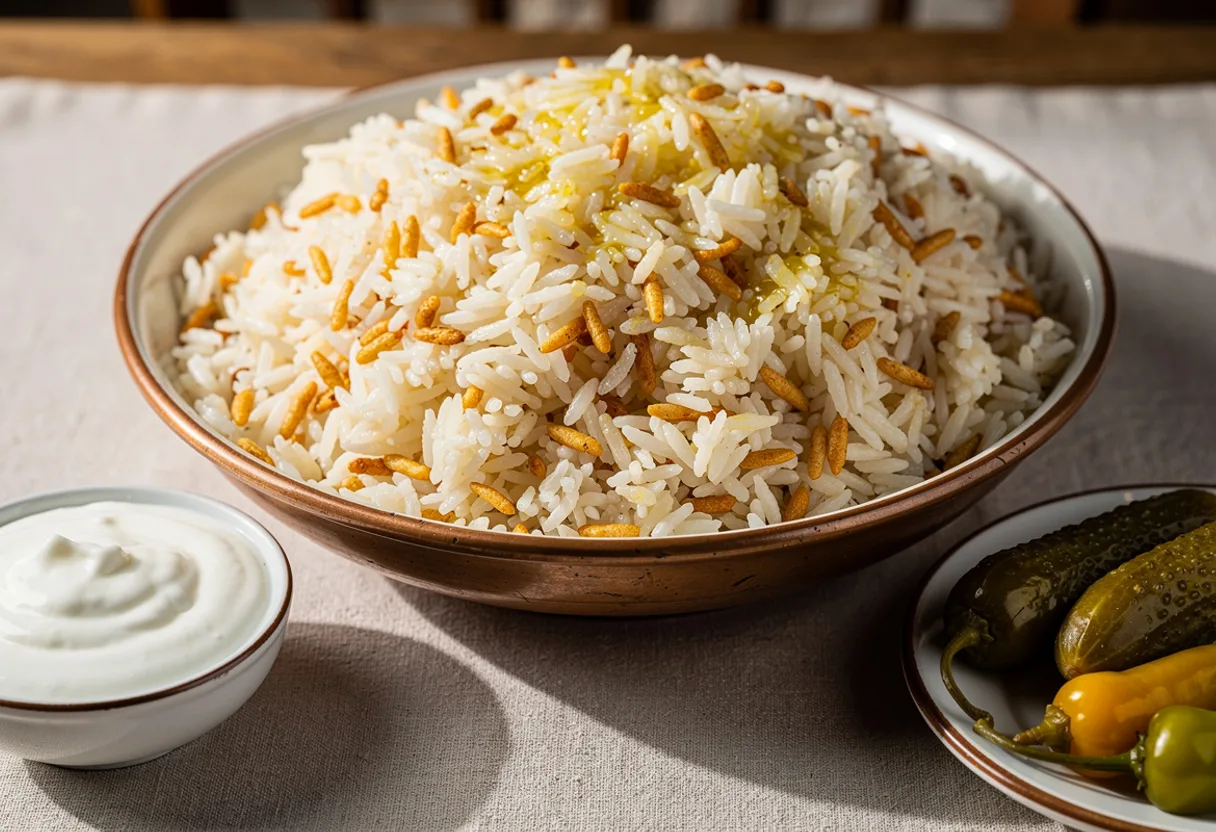 A bowl of fluffy white rice pilaf speckled with golden toasted orzo