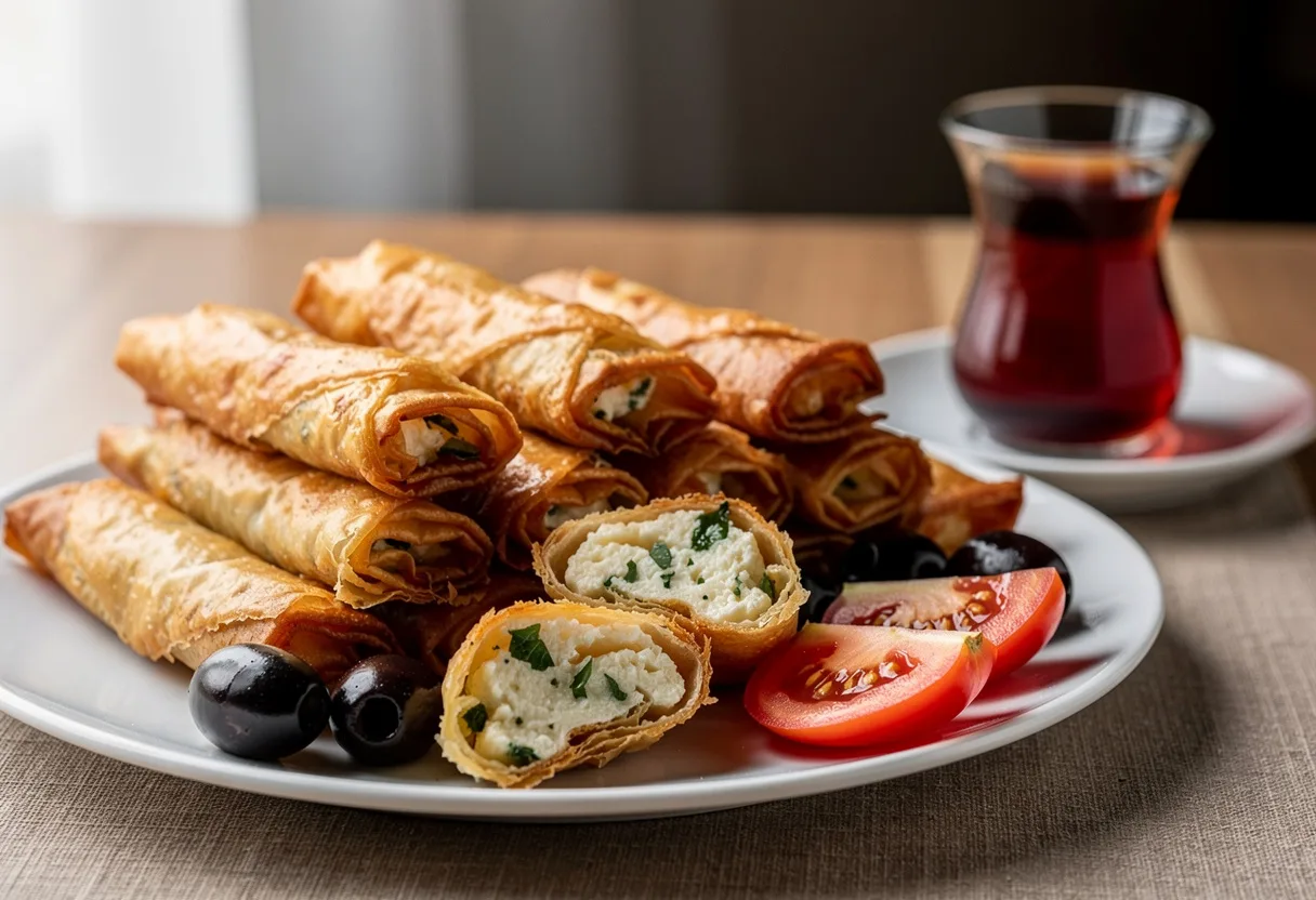 Slim, crisp golden pastry rolls filled with white cheese and parsley, with a glass of Turkish tea