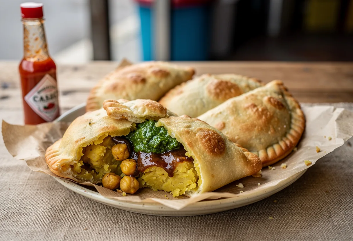 Golden, puffed half-moon fried potato pies, one split open and filled with chickpea curry and chutney