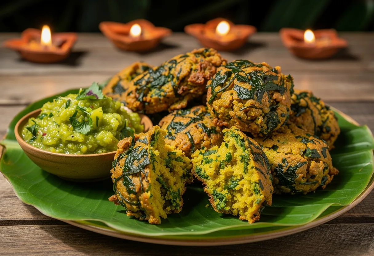 Golden, craggy split pea fritters speckled with green leaves, with a bowl of green mango chutney