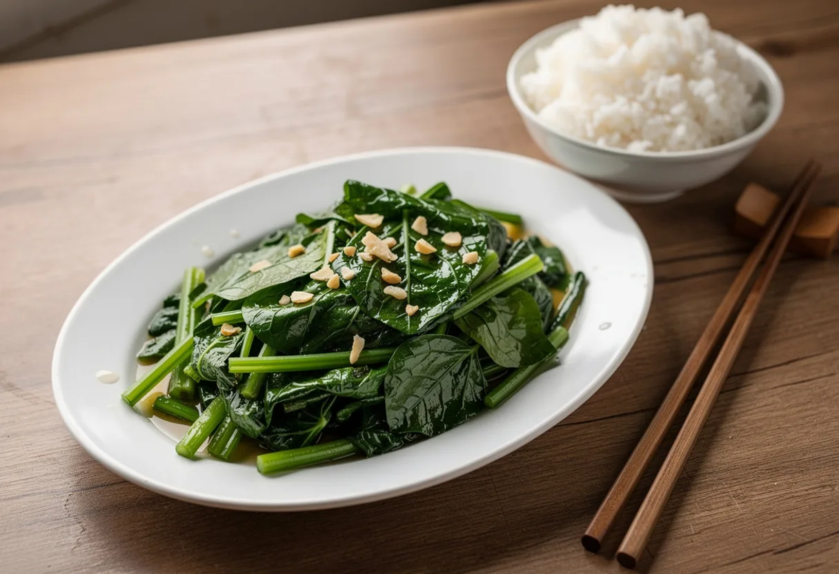 A plate of glossy, bright green wilted sweet potato leaves stir-fried with chopped garlic