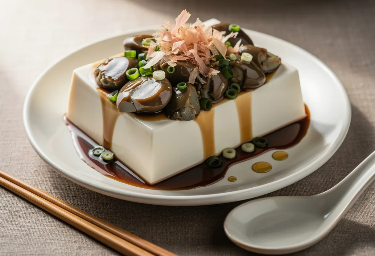A block of white silken tofu topped with dark amber century egg pieces, spring onion and bonito flakes, glossy with soy paste