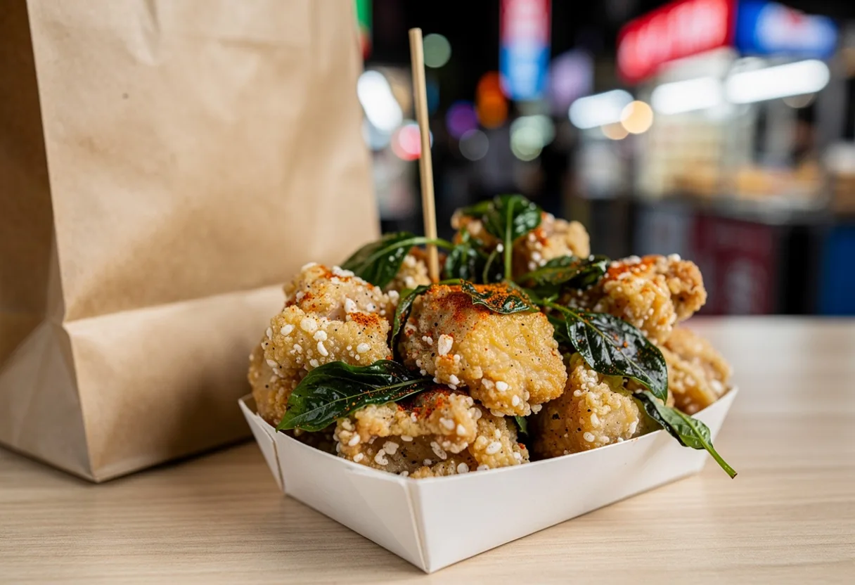 Craggy golden popcorn chicken pieces tossed with fried Thai basil leaves and pepper salt in a paper bag