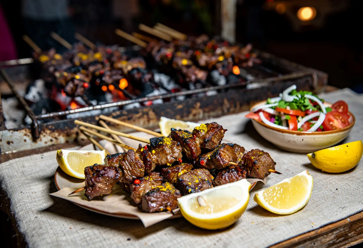 Charcoal-grilled beef skewers with lemon wedges and a small bowl of tomato and onion salad