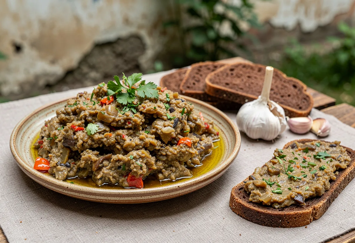 Bowl of rustic hand-chopped roasted eggplant, pepper and tomato spread with herbs, beside slices of dark bread