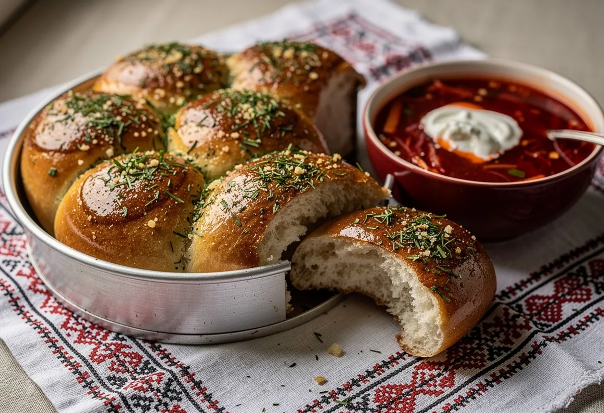 Pan of golden, soft pull-apart garlic bread rolls glistening with garlic oil and flecked with green dill, beside a bowl of red borscht