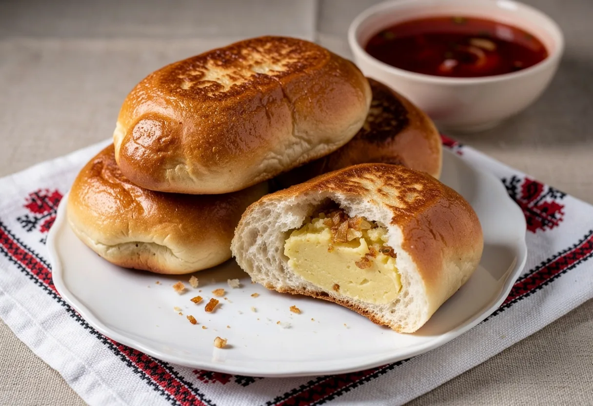 Plate of golden fried oval Ukrainian buns, one torn open to show mashed potato and fried onion filling