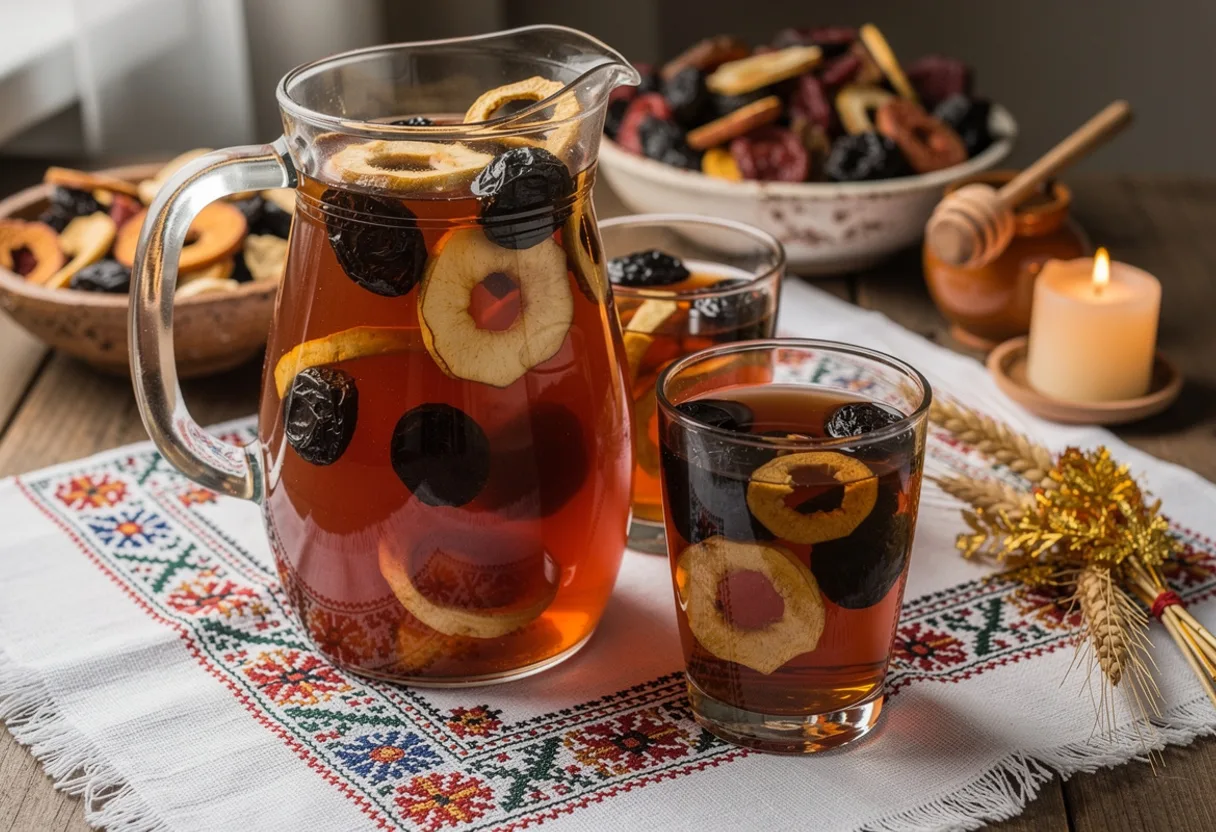 Glass jug and glasses of dark amber dried fruit drink with dried pears, apples and prunes