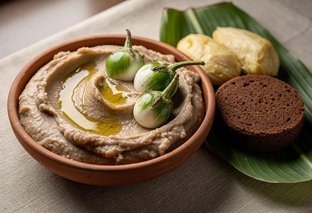 Bowl of smooth, pale brown mashed bean firinda with whole small eggplants and a sheen of ghee