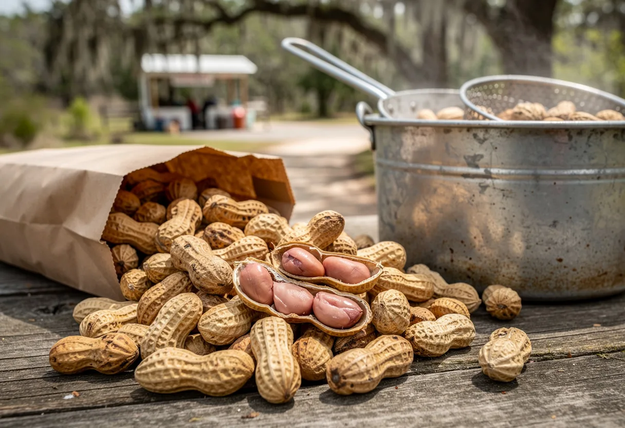 A heap of wet, soft, tan boiled peanuts in their shells spilling from a paper bag, with a few split open
