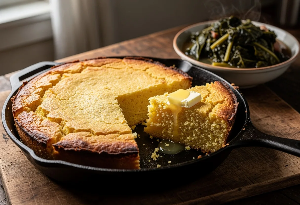 Golden cornbread with a crisp brown crust in a black cast-iron skillet, cut into wedges, with a pat of butter