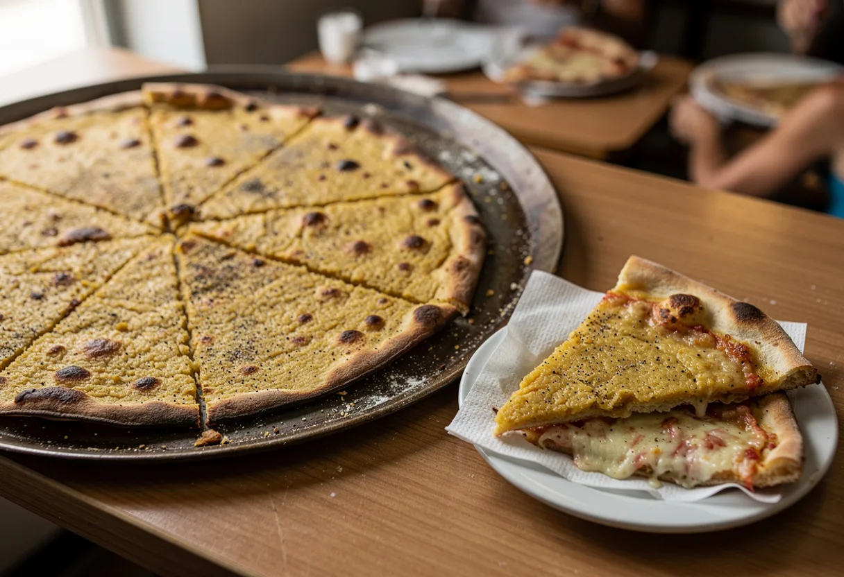 Golden chickpea flatbread with crisp brown edges cut into wedges in a round pan, one wedge on a slice of pizza
