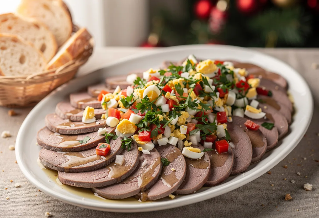 Thin slices of beef tongue on a platter under a vinaigrette of parsley, red pepper, onion and chopped egg