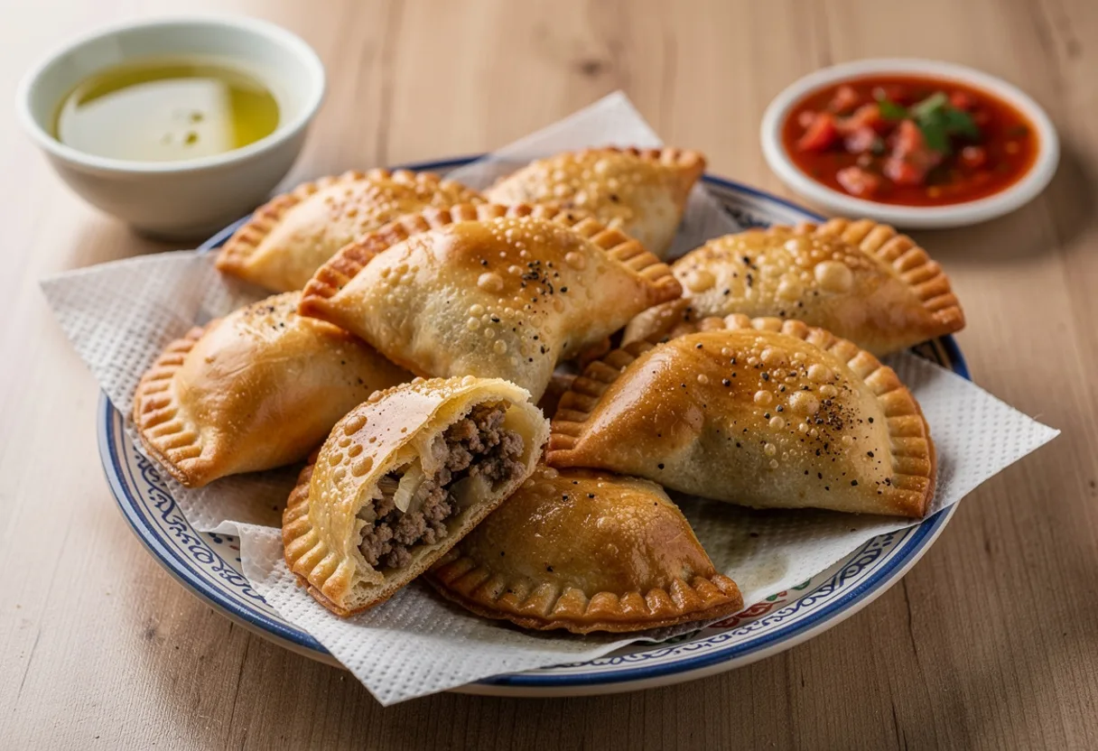 Golden half-moon fried pies with pinched edges, one broken open to show a lamb and onion filling