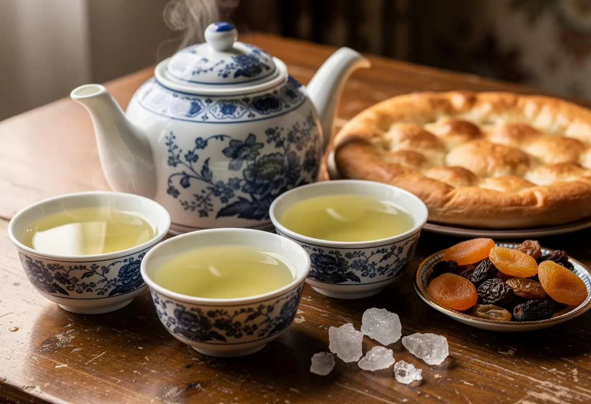 Pale green tea in small handleless piyola bowls beside a blue-and-white porcelain teapot, with dried fruit and crystallised sugar