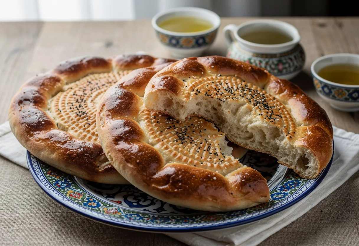 Round golden Uzbek flatbreads with a thick glossy rim and a thin centre stamped with a ring pattern and seeds