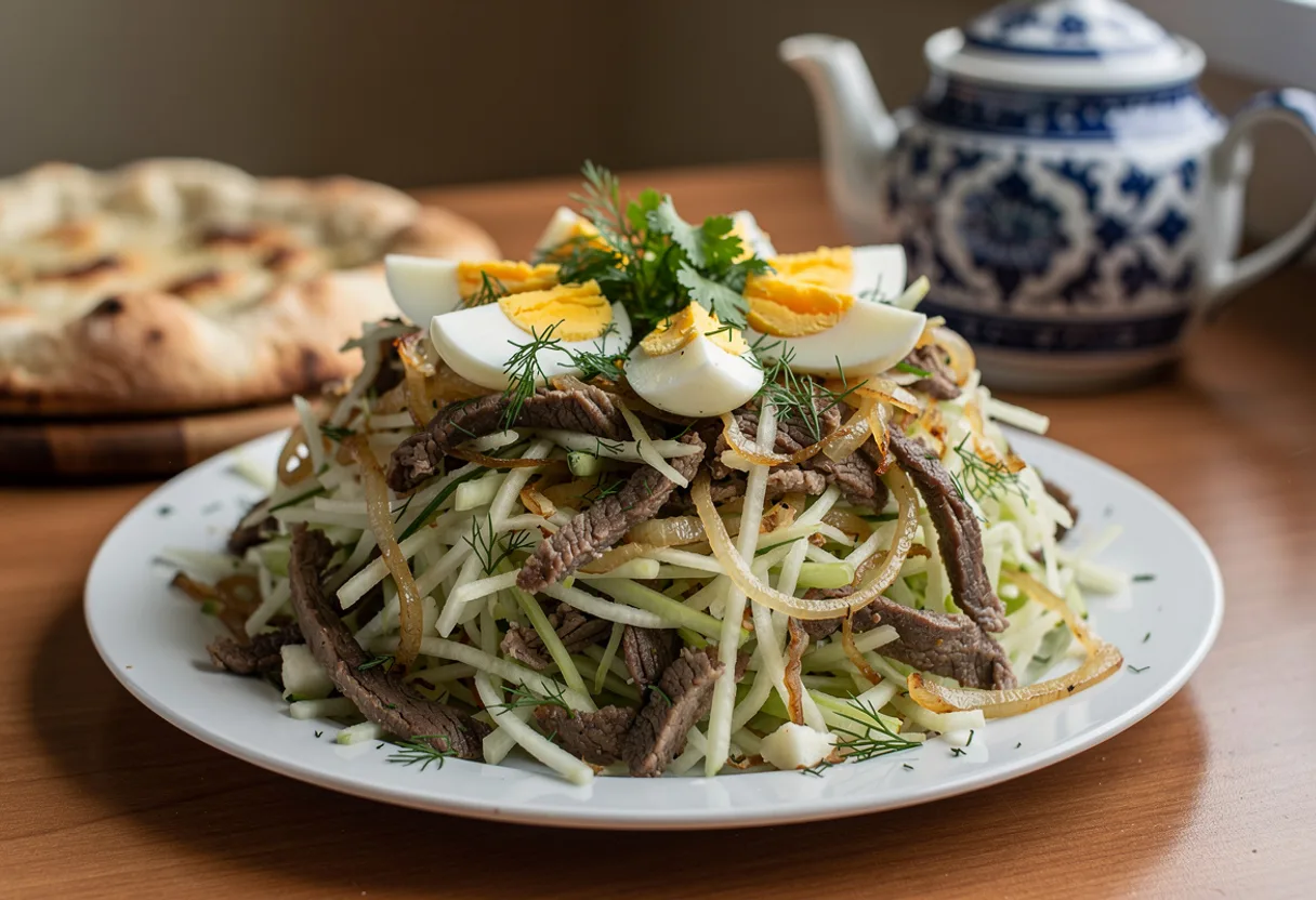 A mound of julienned pale radish, beef strips and golden fried onion topped with boiled egg and herbs