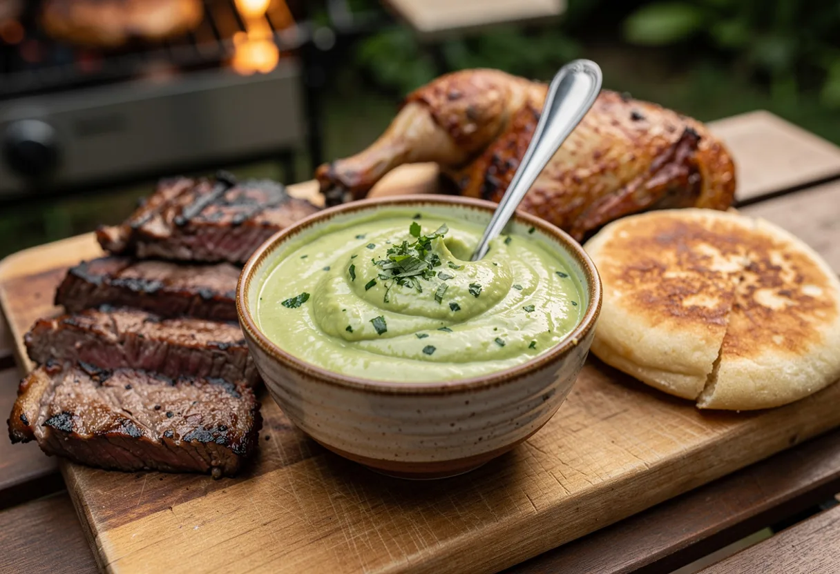 A bowl of smooth pale green avocado sauce beside grilled meat and an arepa