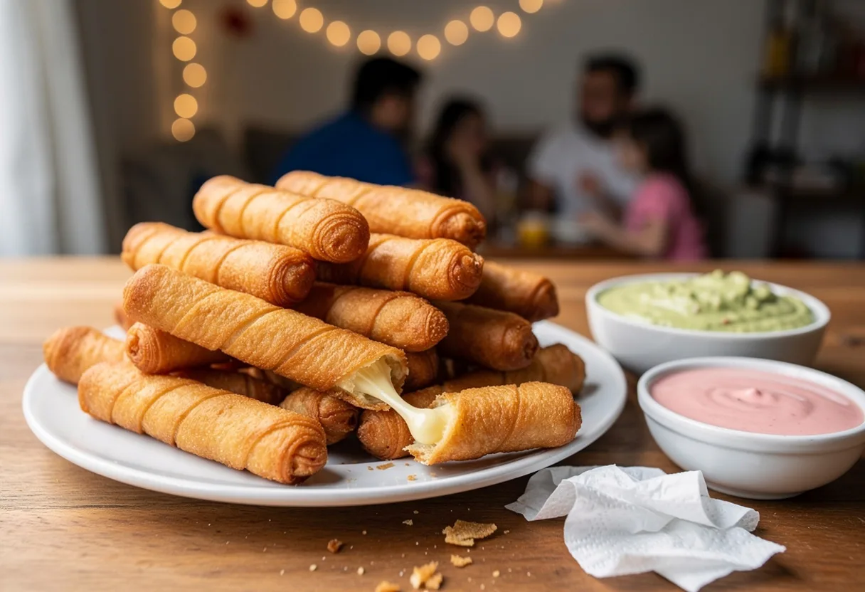 Golden fried cheese sticks wrapped in a spiral of dough, one broken to show melted white cheese, with a green avocado dip