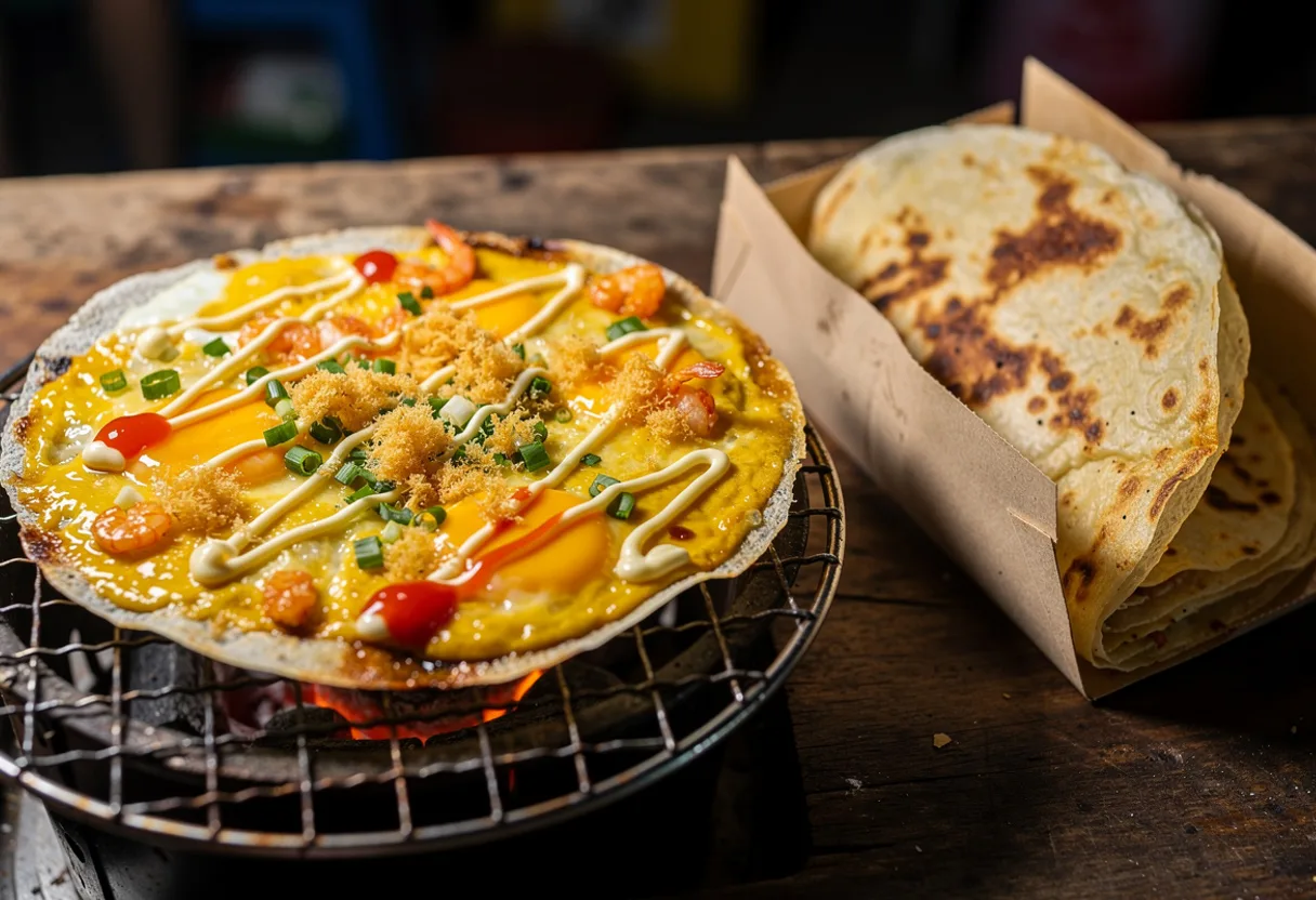 A round crisp grilled rice paper topped with egg, spring onion, dried shrimp and pork floss, drizzled with mayonnaise and chilli sauce