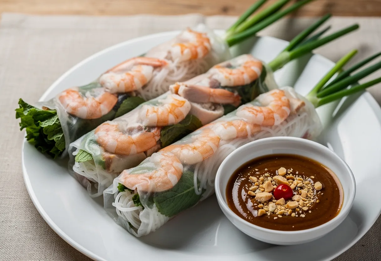 Translucent rice-paper rolls showing pink shrimp halves and green herbs, with a bowl of hoisin peanut dipping sauce