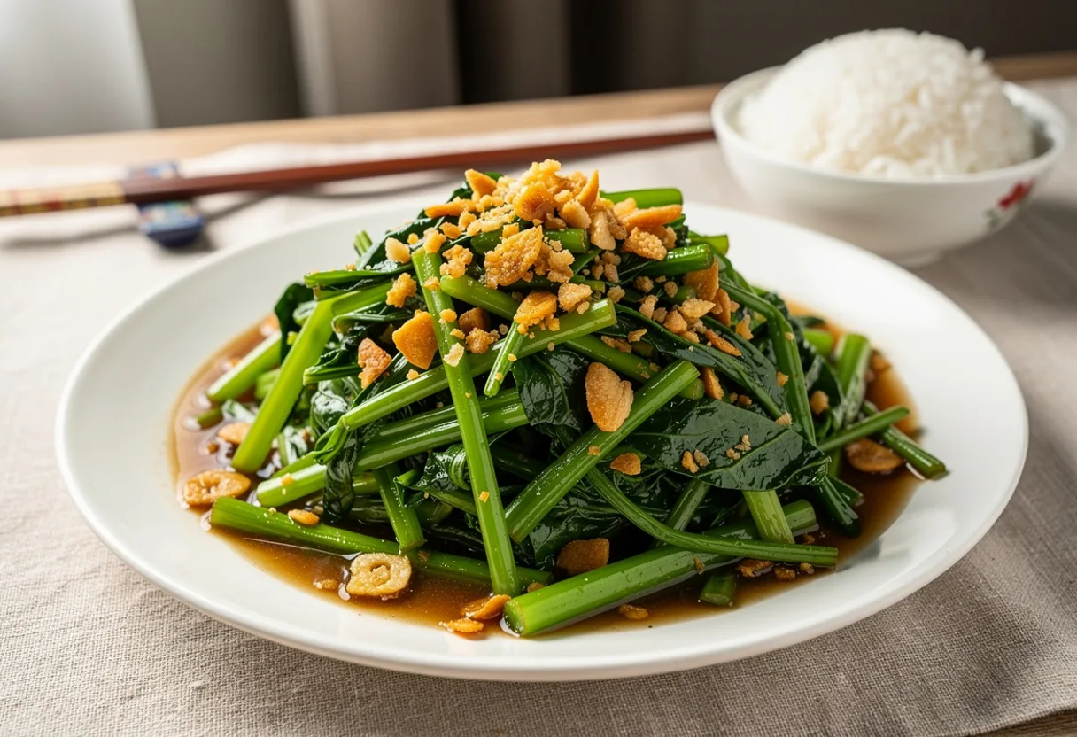 A plate of glossy stir-fried water spinach with long hollow stems and plenty of golden garlic