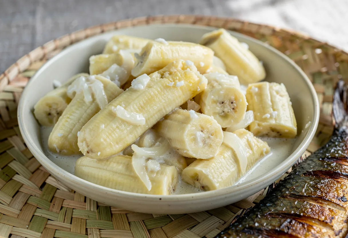 Chunks of cooked green banana in thick creamy coconut sauce with soft onion in a bowl