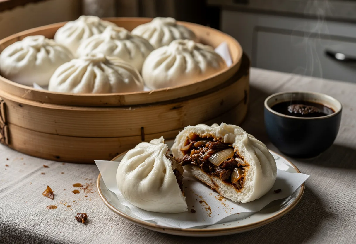 Fluffy white steamed buns with twisted tops, one torn open to show dark soy-braised pork filling