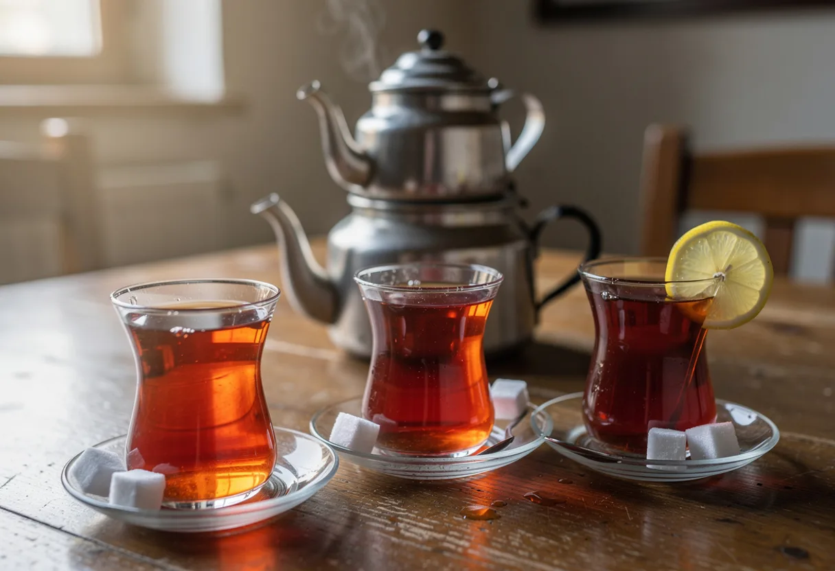 Tulip-shaped glasses of clear red-amber black tea with sugar cubes and a stacked double teapot