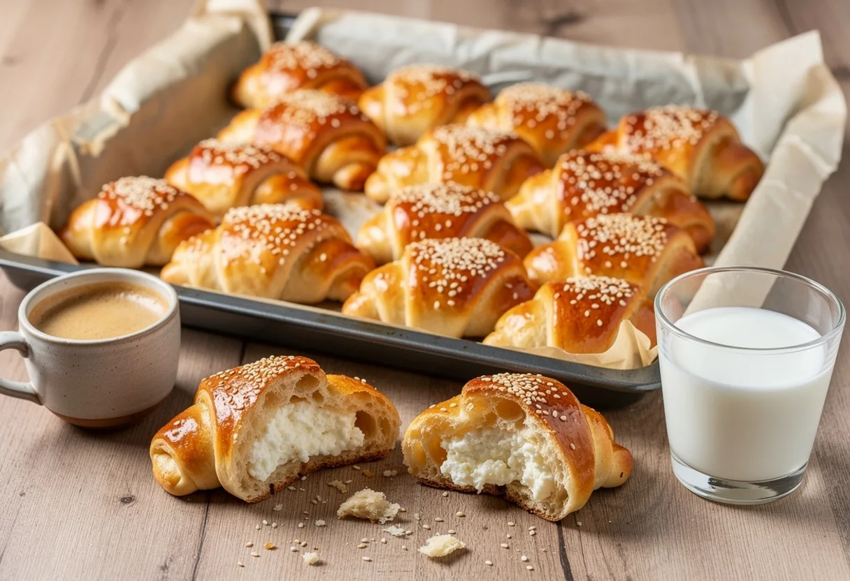 Baking tray of small golden crescent rolls glazed with egg and sprinkled with sesame, two broken open to show white cheese