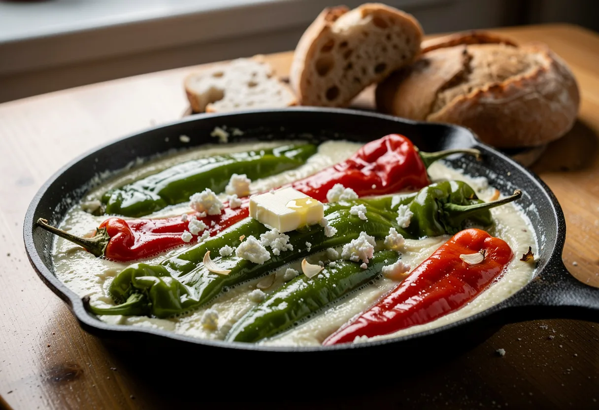 Pan of soft peeled green and red peppers bubbling in a thick white kajmak and cheese cream, with torn bread