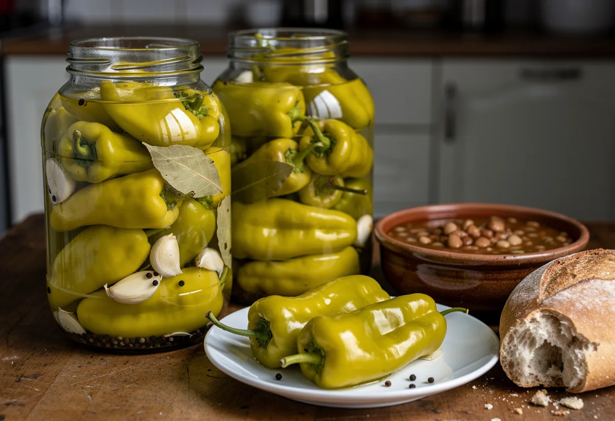 Glass jars packed with whole pale green pickled peppers, garlic cloves and bay leaves in clear brine