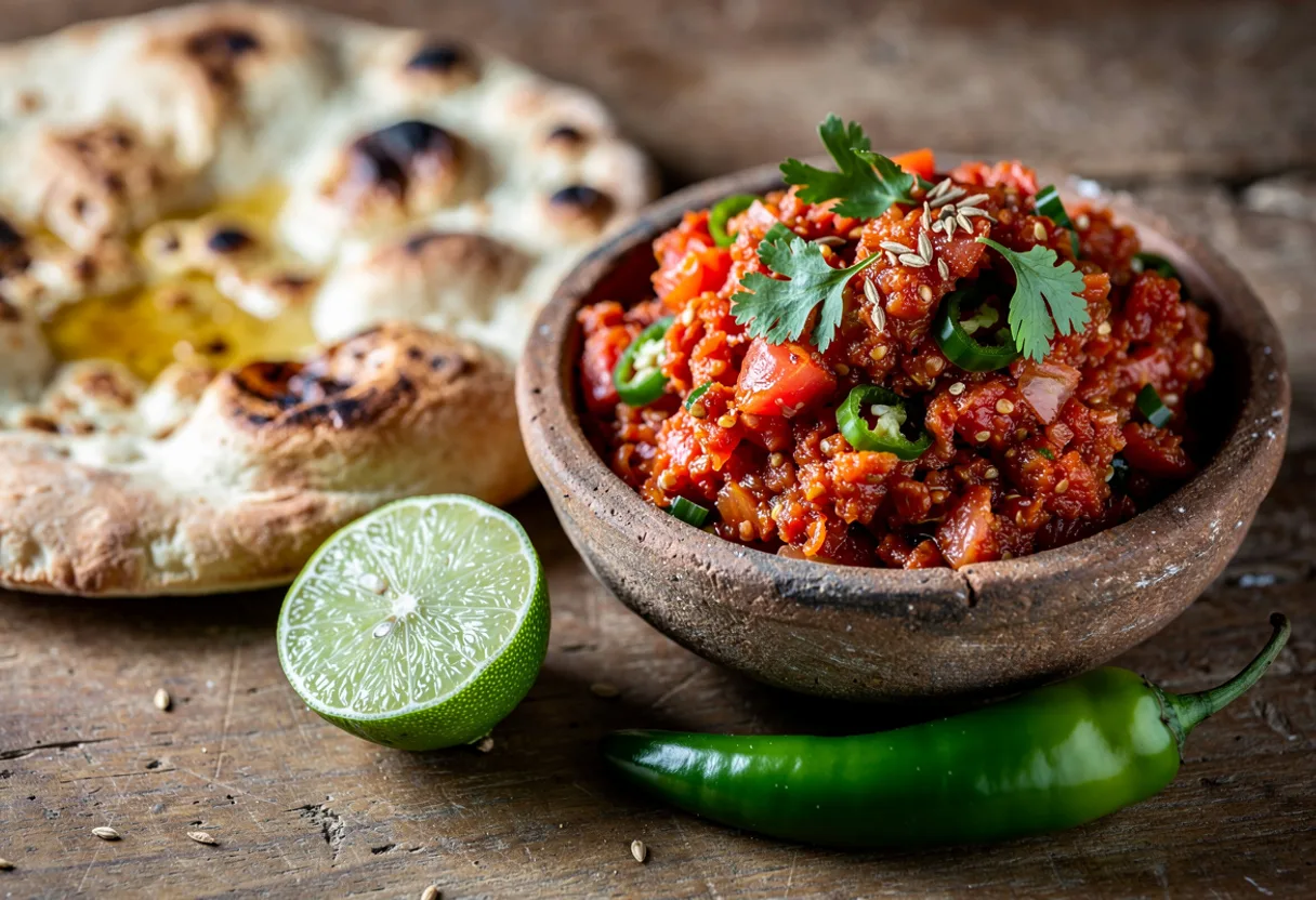 A small bowl of coarse red and green crushed tomato and chili relish with coriander, beside flatbread