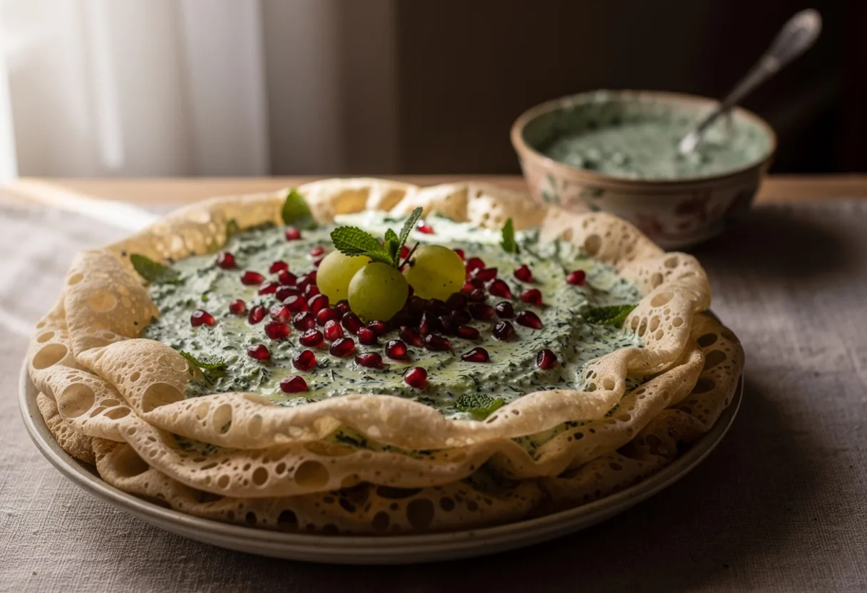 Spongy flatbreads soaked in a pale green herbed yogurt sauce in a deep dish, scattered with pomegranate seeds and mint