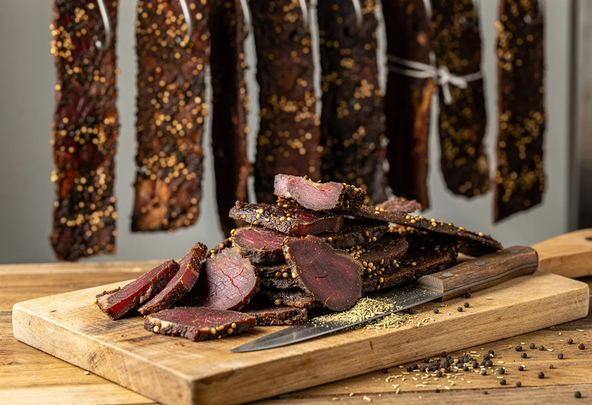 Dark, spice-crusted strips of air-dried beef, some sliced thin to show a deep red centre