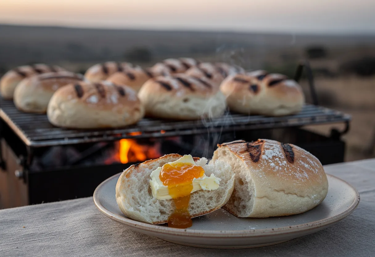 Round grill-marked roosterkoek rolls on a braai grid over coals, one split open with melting butter and apricot jam