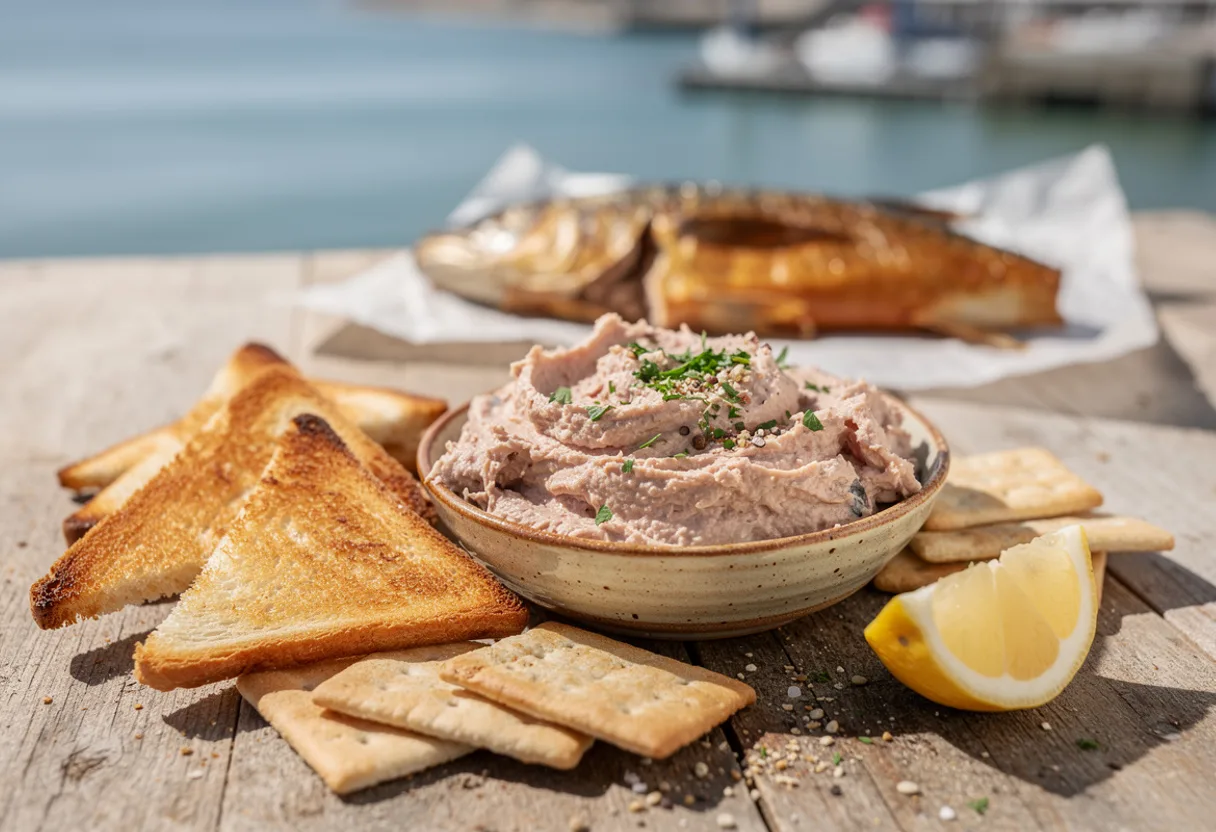 A bowl of creamy smoked fish pâté with parsley, beside toast and lemon
